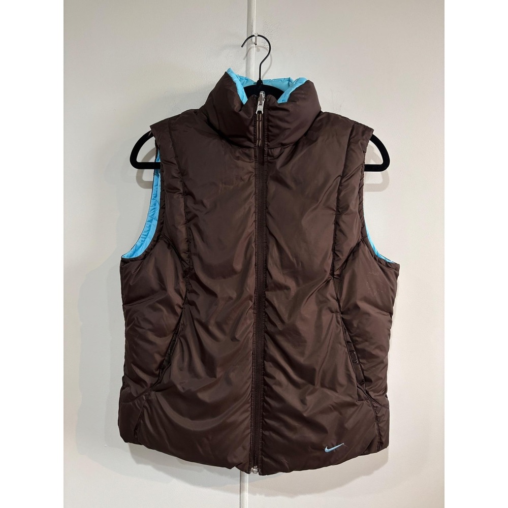 VTG Nike Vest Womens Large Brown Blue Reversible Quilted Puffer Zip‎ Pockets